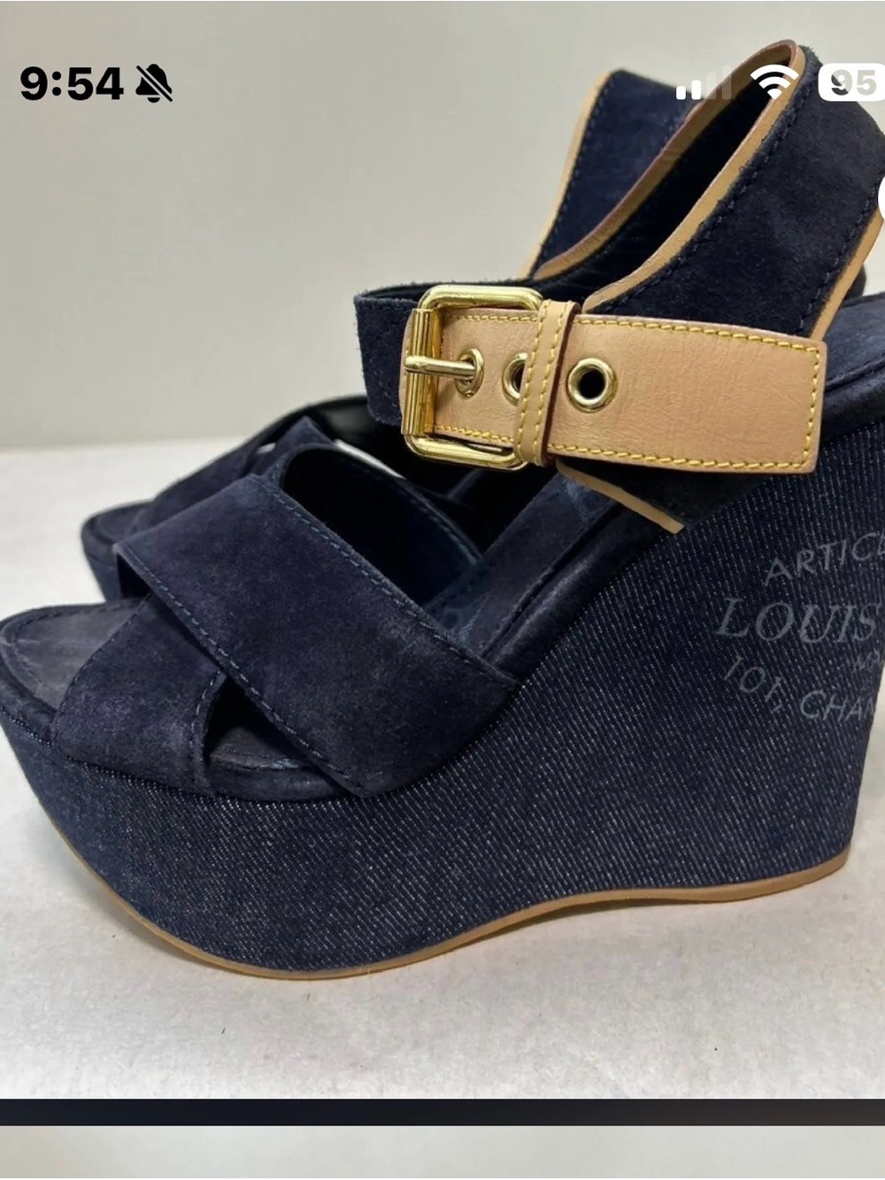 Louis Vuitton Navy Suede and Tan Buckle Wedge Sandals